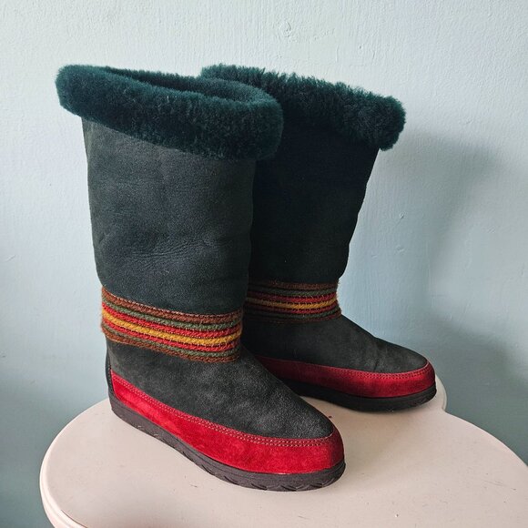 Vintage Cougar Leather Winter Snow Boots Shoe Canada Green mukluk Faux fur lined - Picture 2 of 11